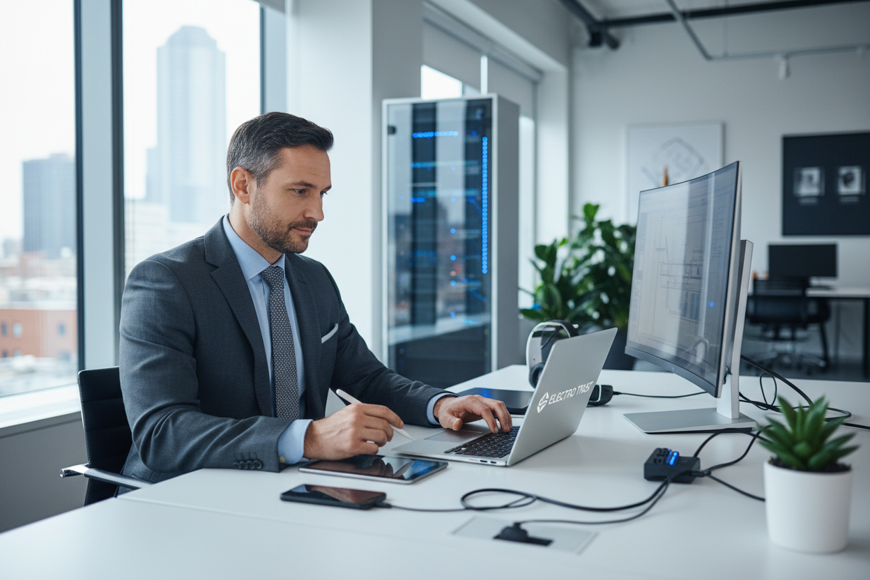 Empresario profesional en oficina moderna con portátil