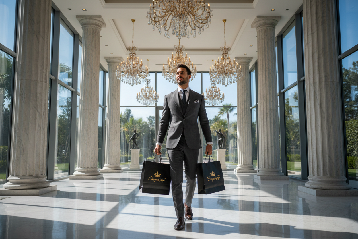 quiero un vidio que se vea de lujo un hombre con dos bolsas de compra top entrando a una mansiom